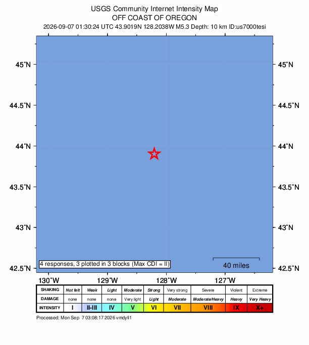 USGS DYFI community-reported intensity map for the M5.3 earthquake near off the coast of Oregon