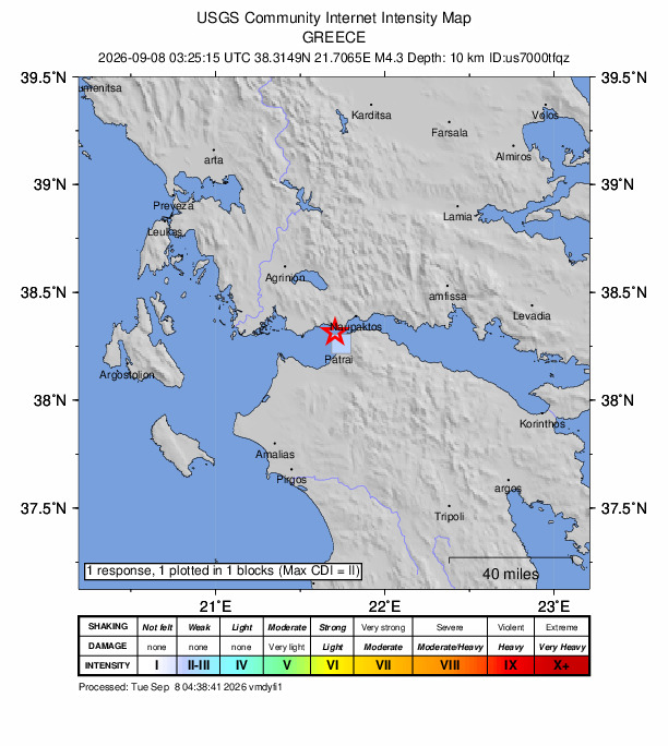 USGS DYFI community-reported intensity map for the M4.3 earthquake near 5 km WSW of Antirrio, Greece