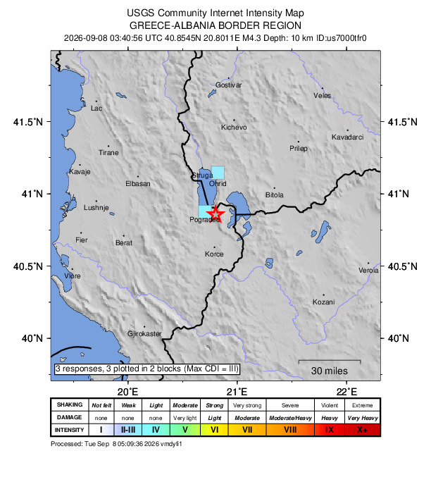 USGS DYFI community-reported intensity map for the M4.3 earthquake near 13 km ESE of Pogradec, Albania