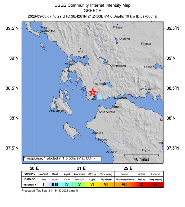USGS DYFI community-reported intensity map for the M4.6 earthquake near 1 km NNW of Katochí, Greece