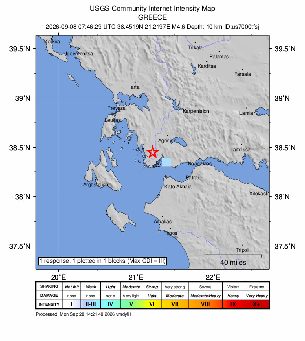 USGS DYFI community-reported intensity map for the M4.6 earthquake near 5 km NNW of Katochí, Greece