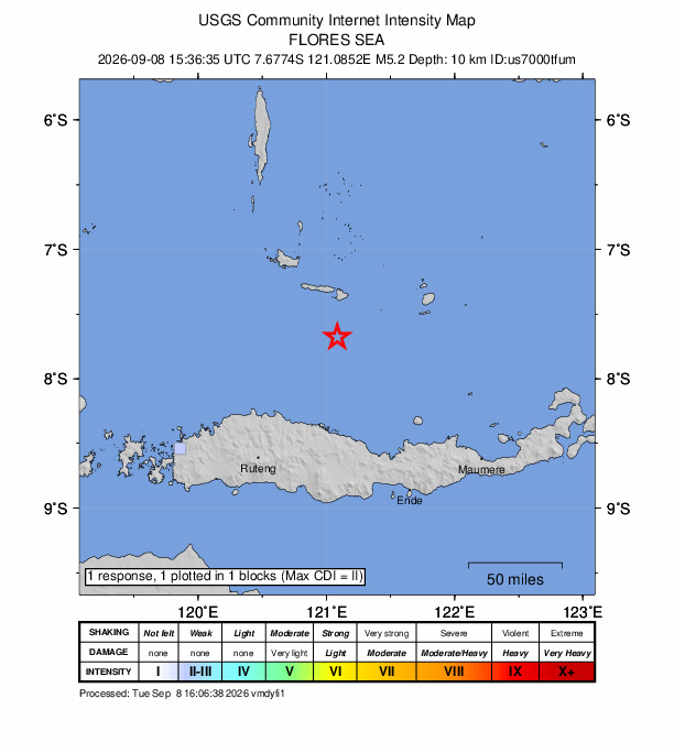USGS DYFI community-reported intensity map for the M5.2 earthquake near 123 km NNE of Ruteng, Indonesia
