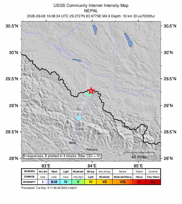 USGS DYFI community-reported intensity map for the M4.9 earthquake near 97 km NNE of Chitre, Nepal