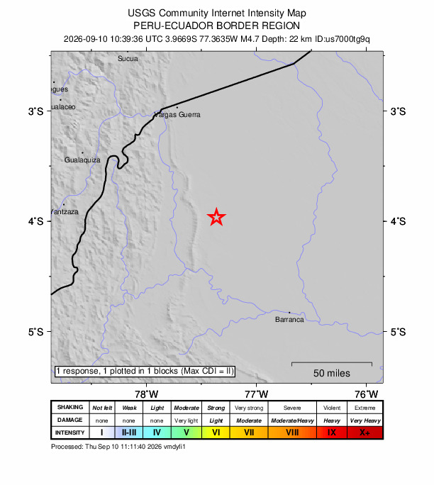 USGS DYFI community-reported intensity map for the M4.7 earthquake near 116 km WSW of Alianza Cristiana, Peru