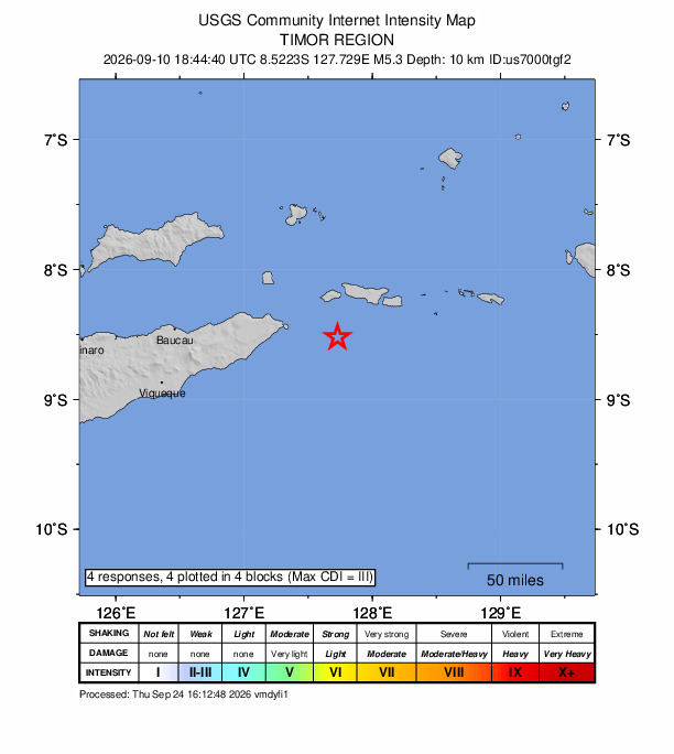 USGS DYFI community-reported intensity map for the M5.3 earthquake near 80 km E of Lospalos, Timor Leste