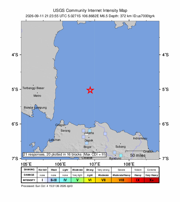 USGS DYFI community-reported intensity map for the M6.5 earthquake near 121 km NNE of Teluknaga, Indonesia