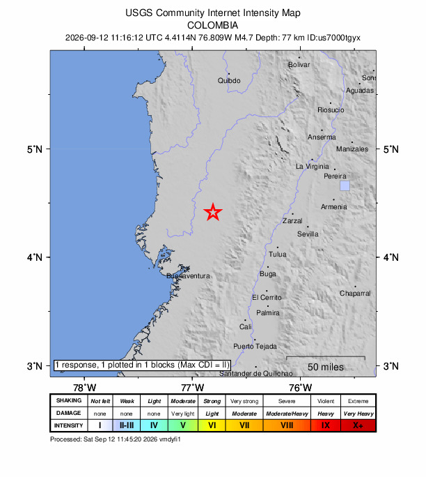 USGS DYFI community-reported intensity map for the M4.7 earthquake near 32 km SW of Sipí, Colombia