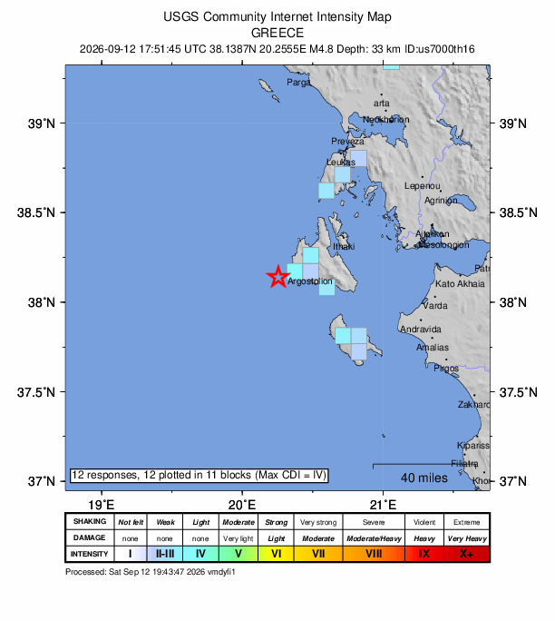 USGS DYFI community-reported intensity map for the M4.8 earthquake near 17 km WSW of Lixoúri, Greece