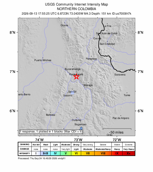 USGS DYFI community-reported intensity map for the M4.3 earthquake near 12 km S of Piedecuesta, Colombia