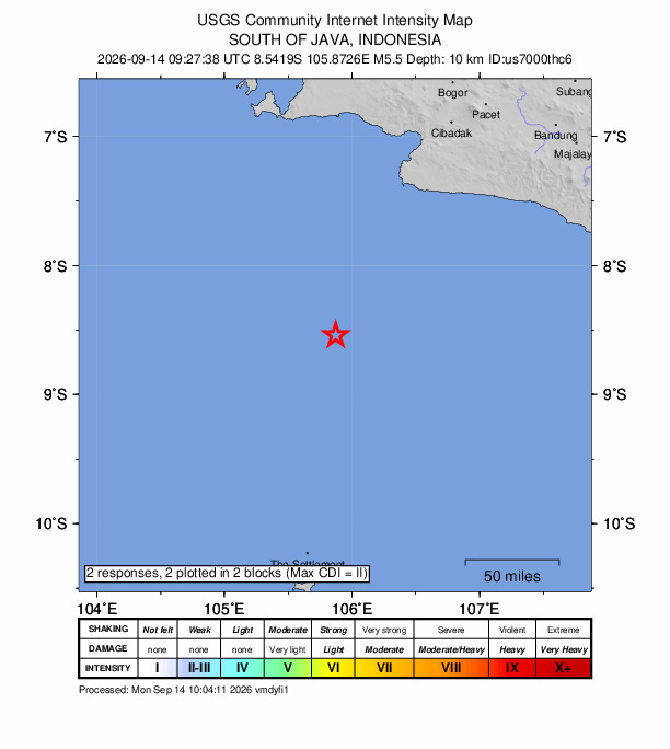 USGS DYFI community-reported intensity map for the M5.5 earthquake near 187 km SSW of Pelabuhanratu, Indonesia