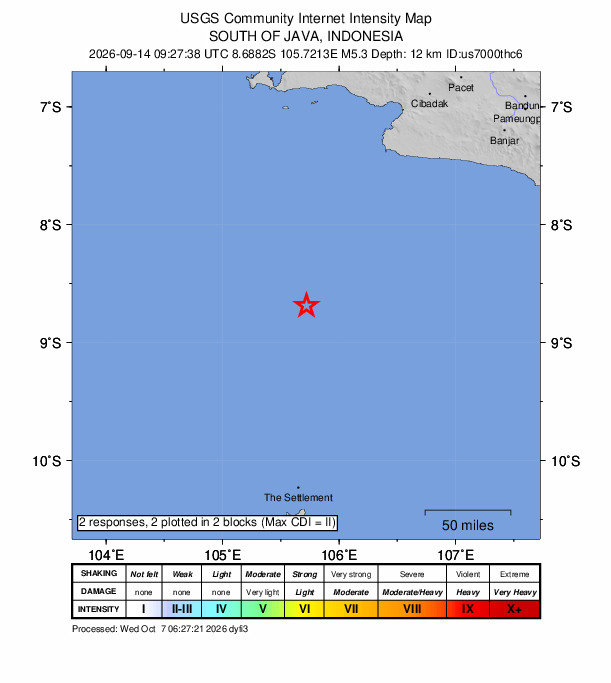 USGS DYFI community-reported intensity map for the M5.3 earthquake near 209 km SSW of Pelabuhanratu, Indonesia
