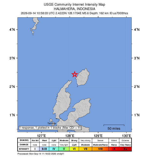 USGS DYFI community-reported intensity map for the M5.6 earthquake near 78 km NNE of Tobelo, Indonesia