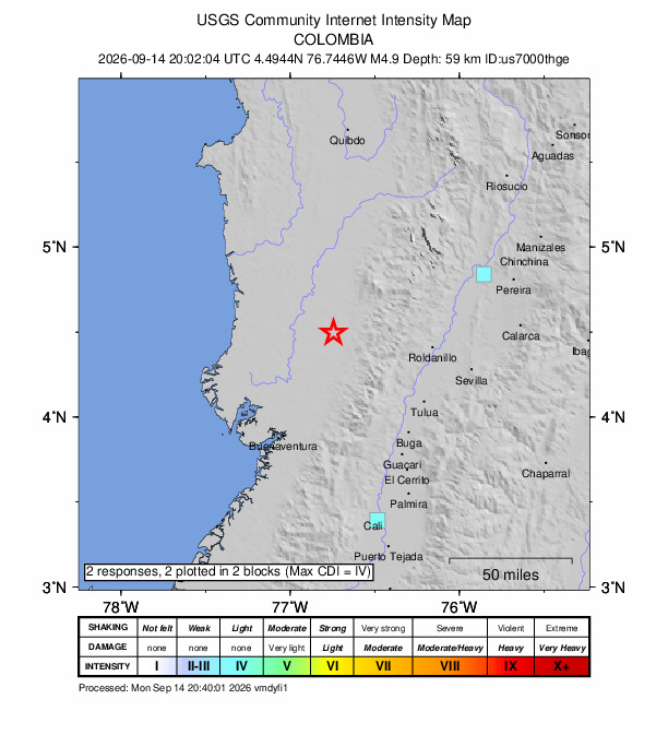 USGS DYFI community-reported intensity map for the M4.9 earthquake near 20 km SSW of Sipí, Colombia