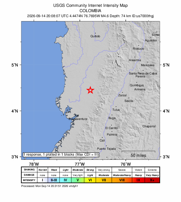 USGS DYFI community-reported intensity map for the M4.6 earthquake near 26 km SSW of Sipí, Colombia