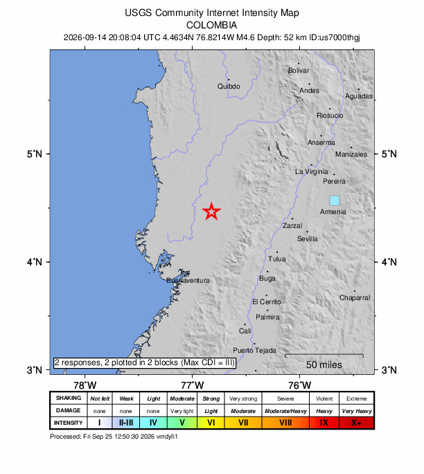 USGS DYFI community-reported intensity map for the M4.6 earthquake near 28 km SW of Sipí, Colombia