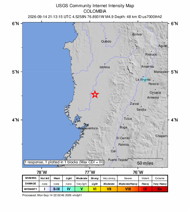USGS DYFI community-reported intensity map for the M4.9 earthquake near 31 km WSW of Sipí, Colombia