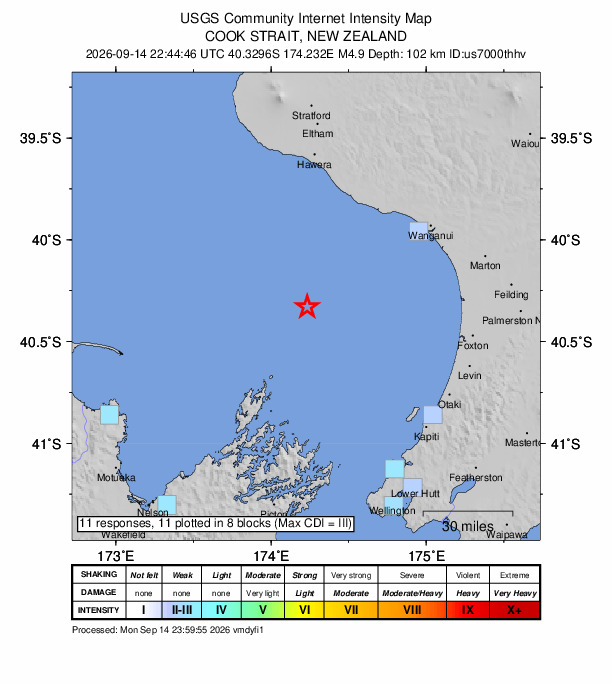 USGS DYFI community-reported intensity map for the M4.9 earthquake near 66 km SSW of Patea, New Zealand