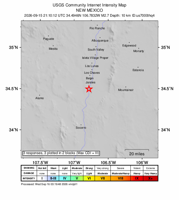 USGS DYFI community-reported intensity map for the M2.7 earthquake near 2 km NNW of Las Nutrias, New Mexico