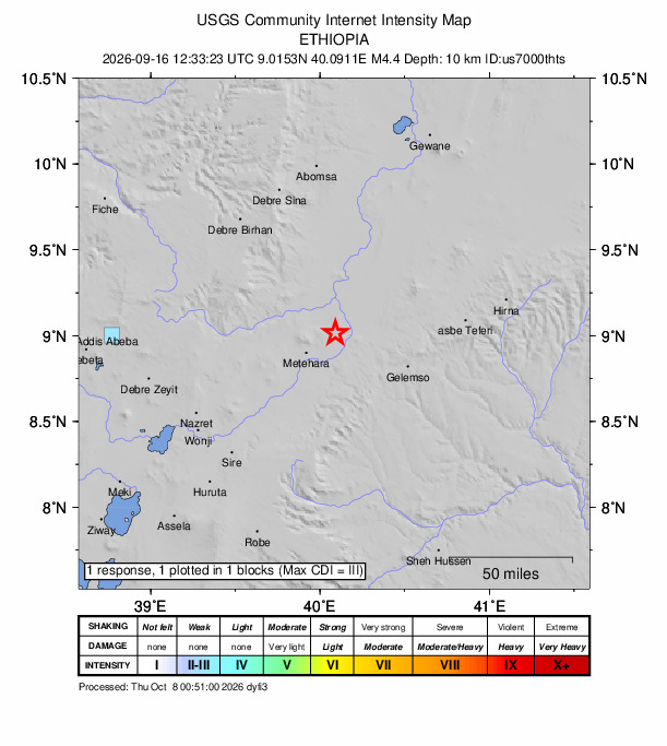 USGS DYFI community-reported intensity map for the M4.4 earthquake near 9 km WNW of Āwash, Ethiopia