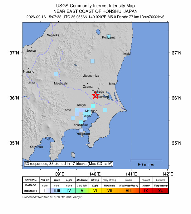 USGS DYFI community-reported intensity map for the M5.0 earthquake near 5 km NE of Mitsukaidō, Japan