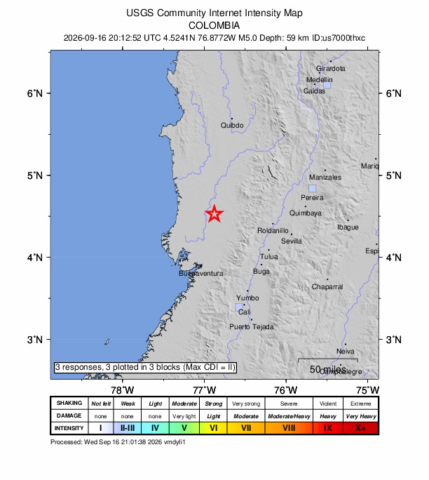 USGS DYFI community-reported intensity map for the M5.0 earthquake near 29 km WSW of Sipí, Colombia