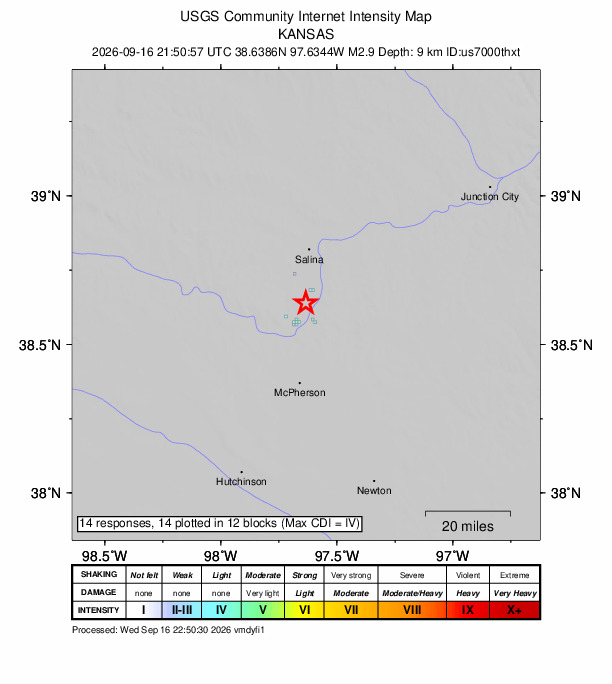 USGS DYFI community-reported intensity map for the M2.9 earthquake near 5 km SSW of Assaria, Kansas
