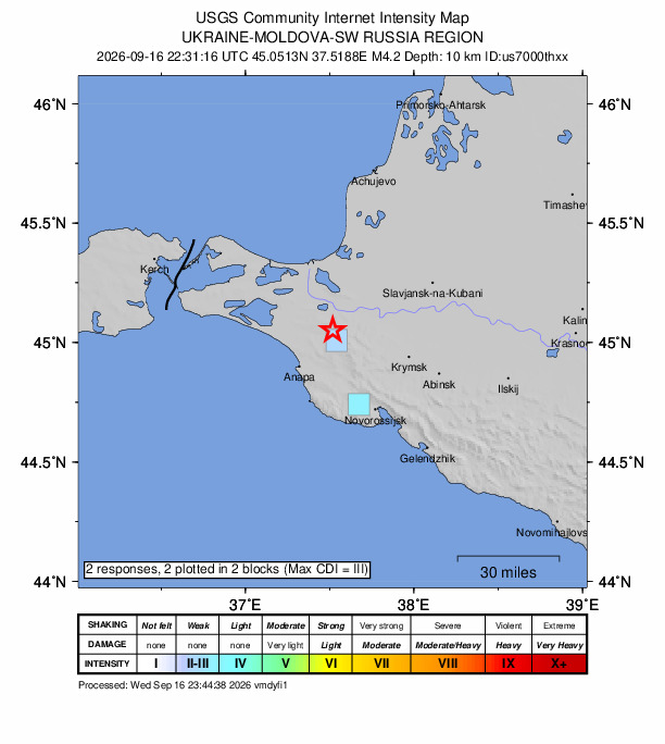 USGS DYFI community-reported intensity map for the M4.2 earthquake near 3 km NNE of Gostagayevskaya, Russia