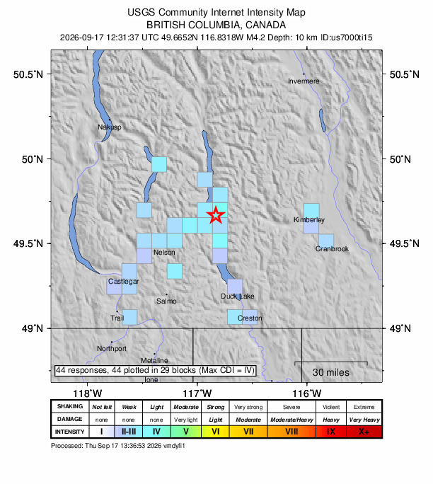 USGS DYFI community-reported intensity map for the M4.2 earthquake near 37 km ENE of Nelson, Canada