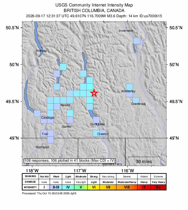 USGS DYFI community-reported intensity map for the M3.6 earthquake near 44 km ENE of Nelson, Canada