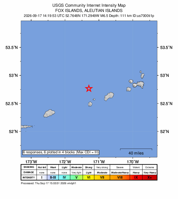 USGS DYFI community-reported intensity map for the M6.5 earthquake near 165 km W of Nikolski, Alaska