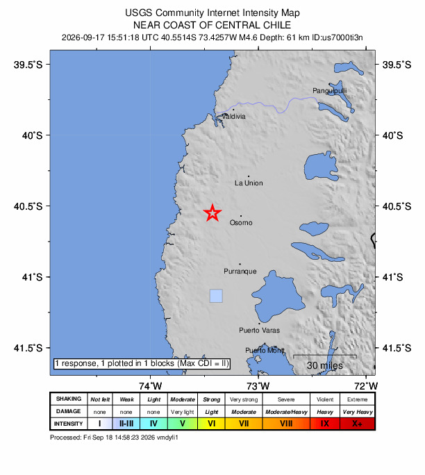 USGS DYFI community-reported intensity map for the M4.6 earthquake near 24 km W of Osorno, Chile