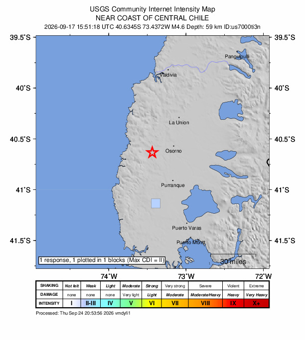USGS DYFI community-reported intensity map for the M4.6 earthquake near 26 km WSW of Osorno, Chile