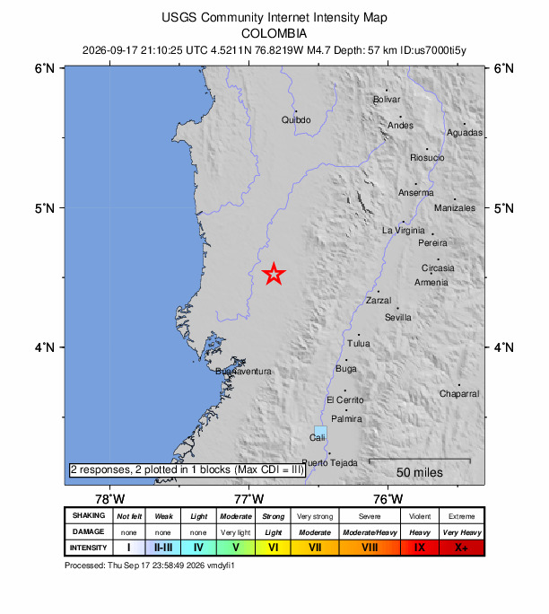 USGS DYFI community-reported intensity map for the M4.7 earthquake near 24 km SW of Sipí, Colombia