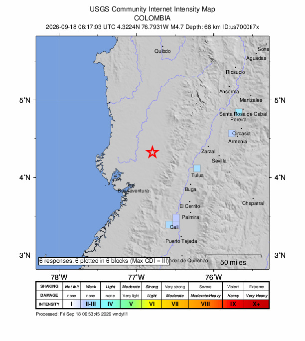 USGS DYFI community-reported intensity map for the M4.7 earthquake near 40 km SSW of Sipí, Colombia