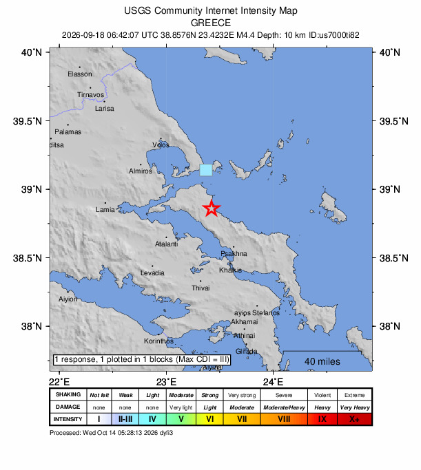 USGS DYFI community-reported intensity map for the M4.4 earthquake near 8 km NW of Mantoúdi, Greece