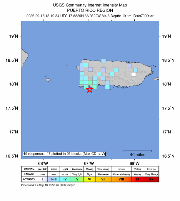 USGS DYFI community-reported intensity map for the M4.6 earthquake near 12 km SE of La Parguera, Puerto Rico