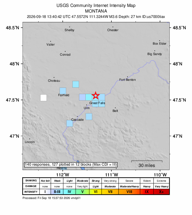 USGS DYFI community-reported intensity map for the M3.6 earthquake near 5 km NW of Black Eagle, Montana