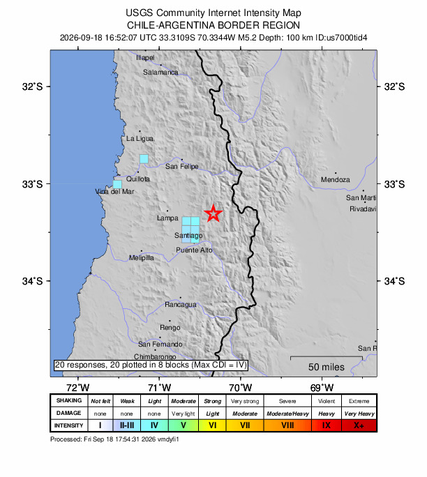 USGS DYFI community-reported intensity map for the M5.2 earthquake near 28 km NE of Villa Presidente Frei, Chile