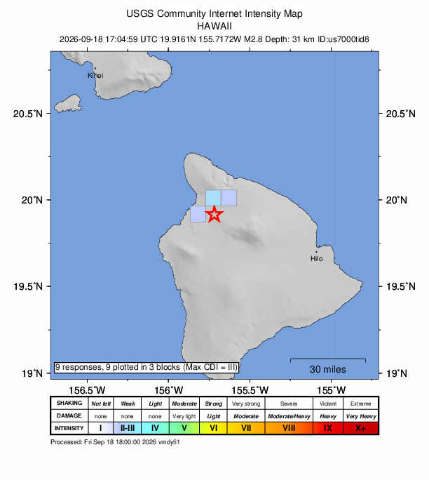 USGS DYFI community-reported intensity map for the M2.8 earthquake near 7 km ESE of Waikoloa, Hawaii