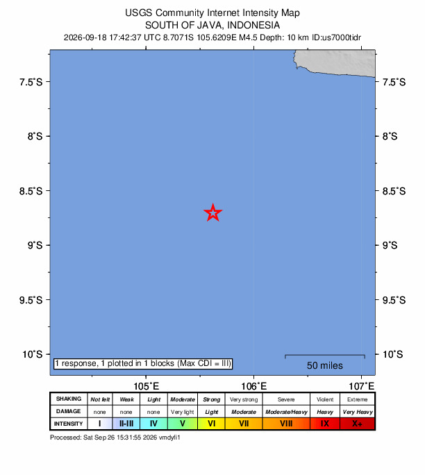 USGS DYFI community-reported intensity map for the M4.5 earthquake near 216 km SSW of Pelabuhanratu, Indonesia