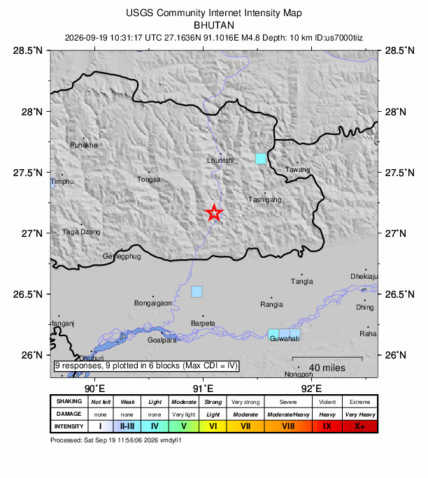 USGS DYFI community-reported intensity map for the M4.8 earthquake near 18 km SW of Mongar, Bhutan