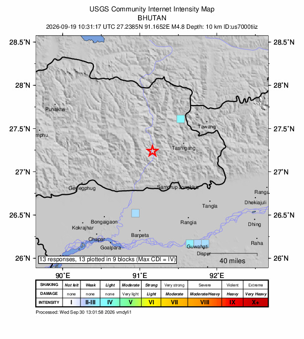 USGS DYFI community-reported intensity map for the M4.8 earthquake near 8 km WSW of Mongar, Bhutan