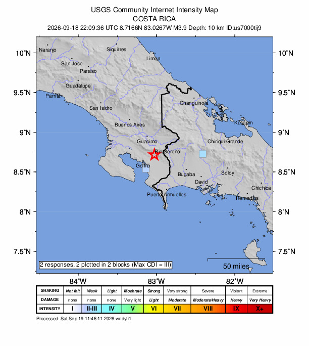 USGS DYFI community-reported intensity map for the M3.9 earthquake near 12 km NW of Corredor, Costa Rica
