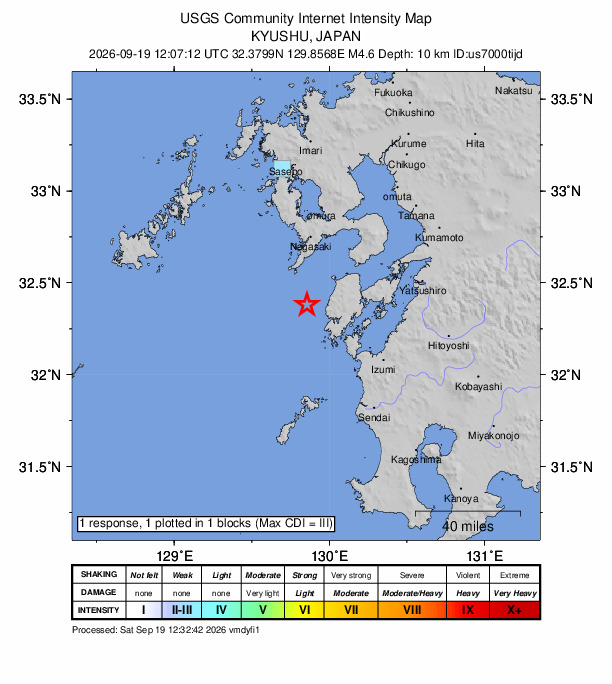 USGS DYFI community-reported intensity map for the M4.6 earthquake near 25 km NW of Ushibukamachi, Japan