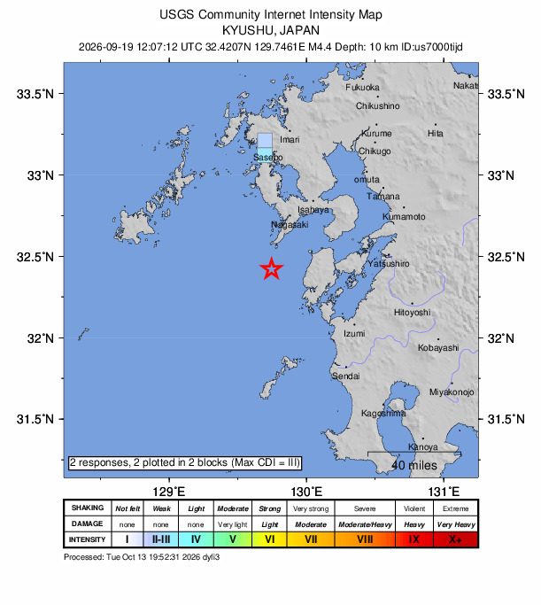 USGS DYFI community-reported intensity map for the M4.4 earthquake near 35 km NW of Ushibukamachi, Japan
