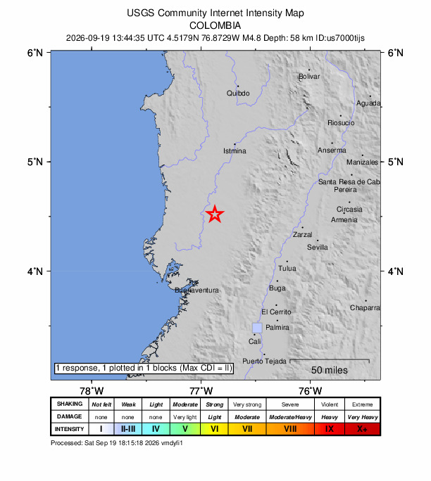 USGS DYFI community-reported intensity map for the M4.8 earthquake near 29 km WSW of Sipí, Colombia