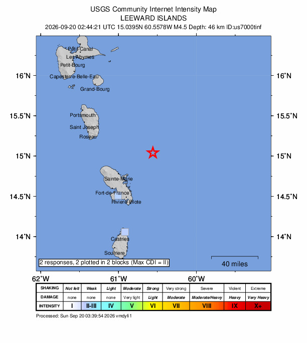USGS DYFI community-reported intensity map for the M4.5 earthquake near 54 km ENE of Sainte-Marie, Martinique