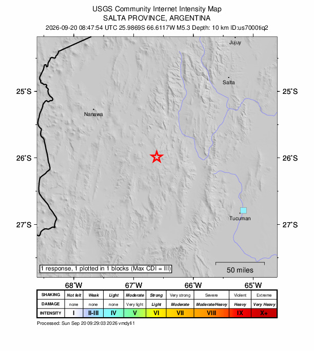 USGS DYFI community-reported intensity map for the M5.3 earthquake near 64 km W of Cafayate, Argentina
