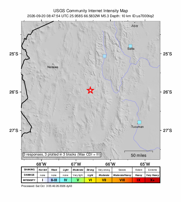 USGS DYFI community-reported intensity map for the M5.3 earthquake near 61 km WNW of Cafayate, Argentina