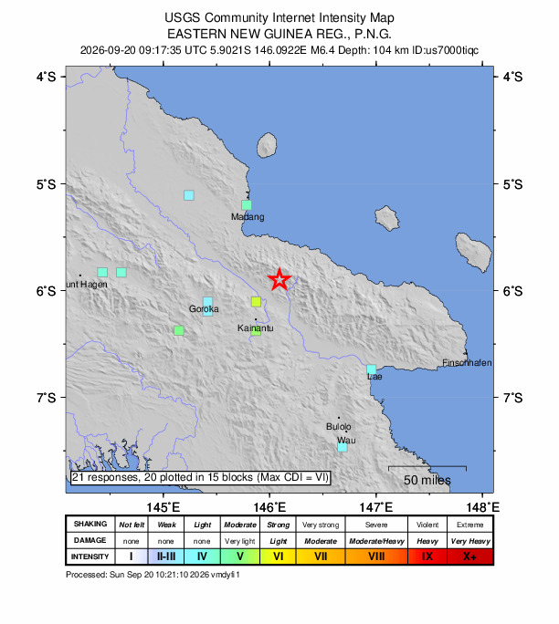USGS DYFI community-reported intensity map for the M6.4 earthquake near 49 km NNE of Kainantu, Papua New Guinea
